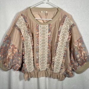 Miss Me Beige Floral Top Lace Trim Pullover Large Cottagecore Boho Hippie NEW